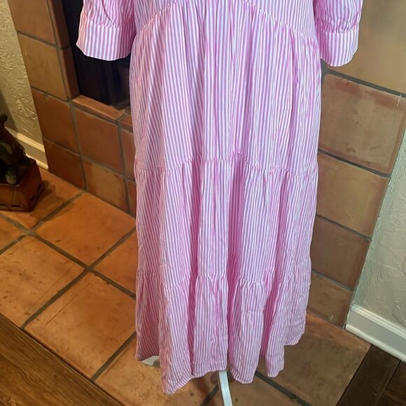 A Loves A Pinstripe Pink and White Striped Tiered Midi Shirt Dress, size L - Picture 3 of 10